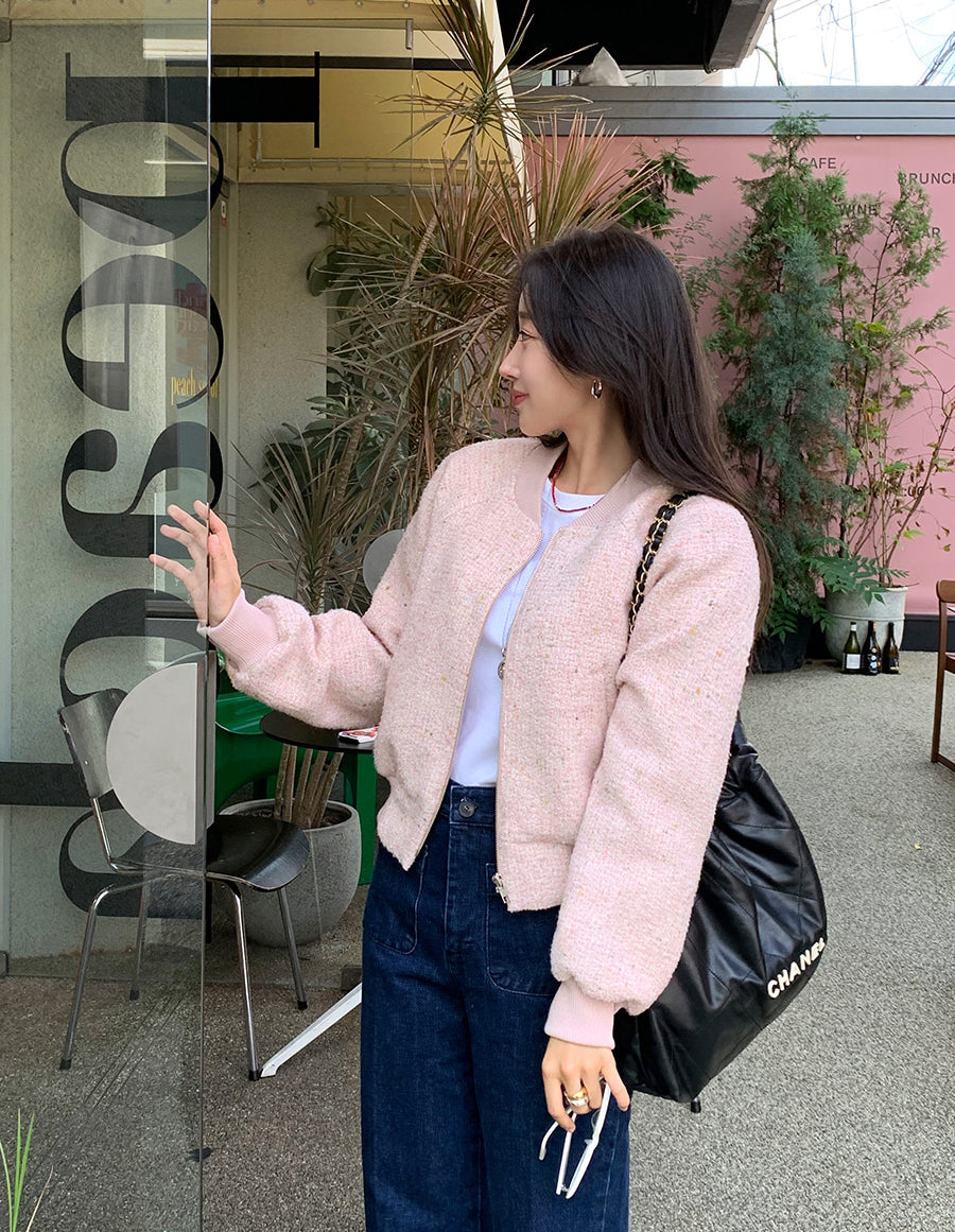 粗花毛呢小香風棒球拉鍊外套