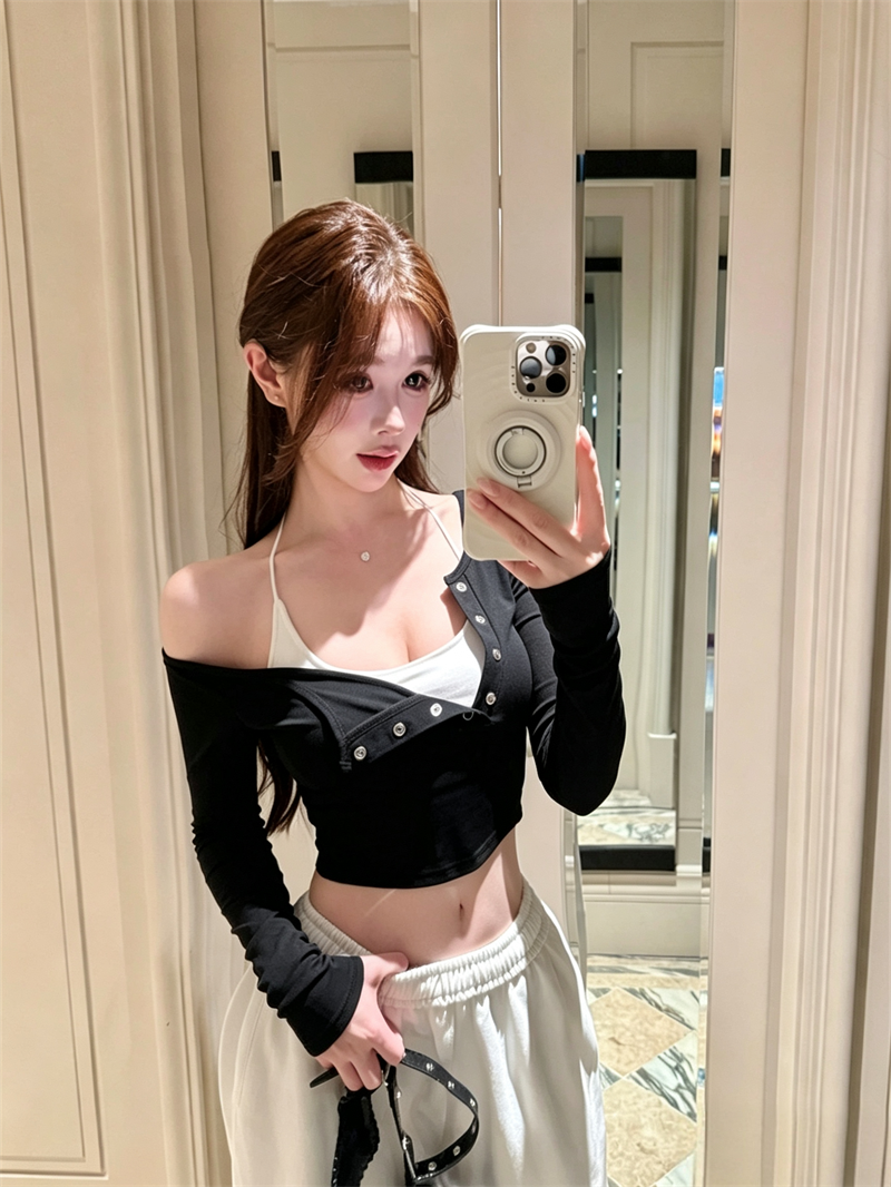 美式辣妹掛脖斜肩設計感修身長袖上衣
