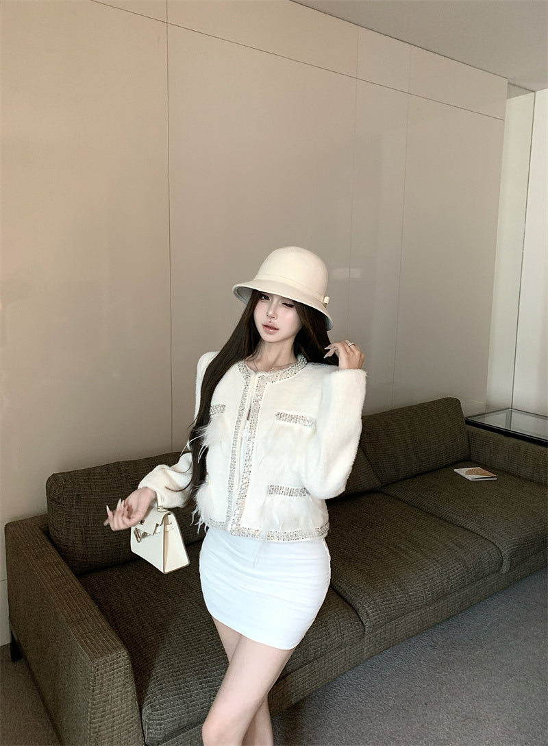 高級感精緻小香風毛呢拼接羽毛短款大衣