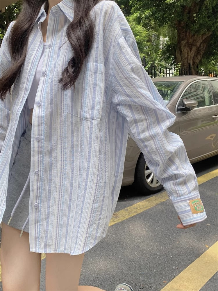 秋季慵懶外搭寬鬆藍色條紋襯衫外套