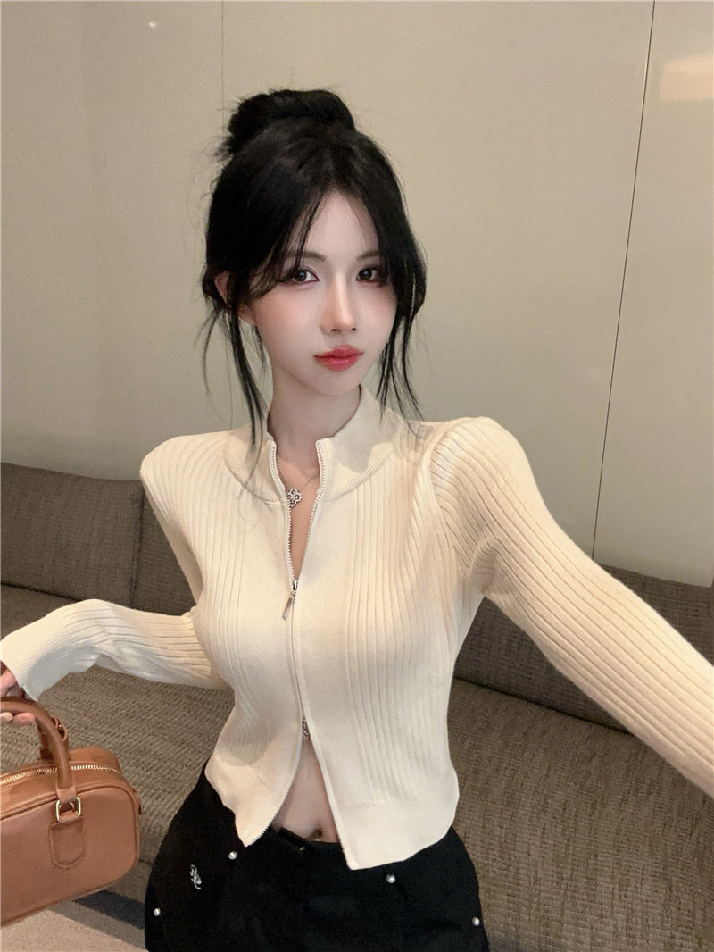 百搭短款修身雙拉鍊圓領外套