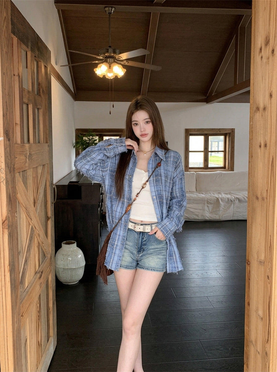 秋季愜意寬鬆格子流蘇長袖襯衫