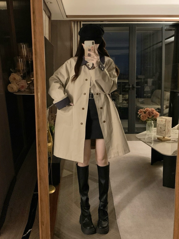 韓系撞色卡其風衣外套