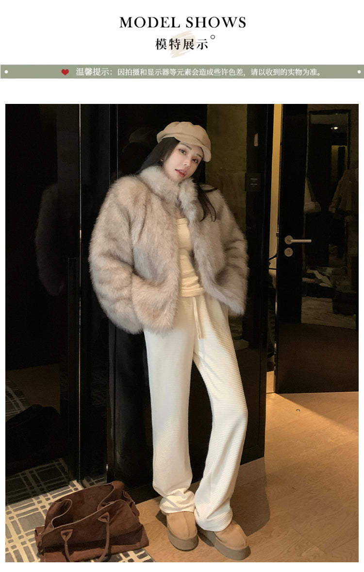 冬季小立領紡狐狸毛皮草毛毛外套