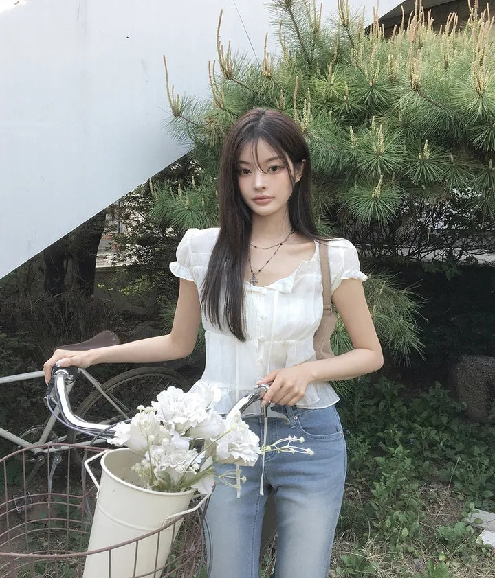 氣質法式質感甜美綁帶襯衫上衣