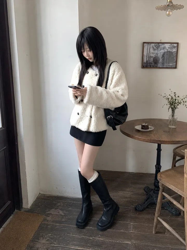 chic韓系溫柔雙排釦羊羔毛外套
