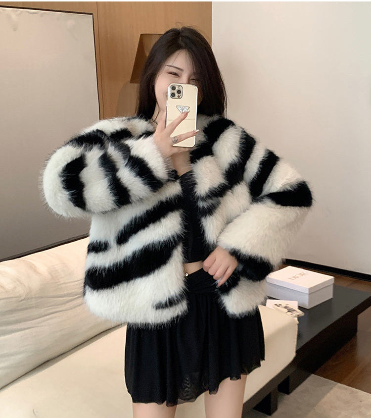 輕奢名媛條紋仿狐貍毛保暖外套