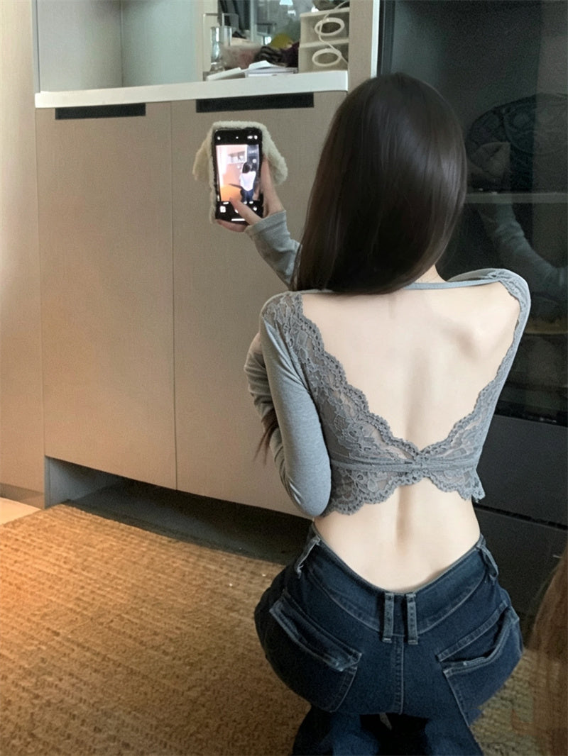 性感純欲蕾絲拼接露背方領長袖帶胸墊上衣