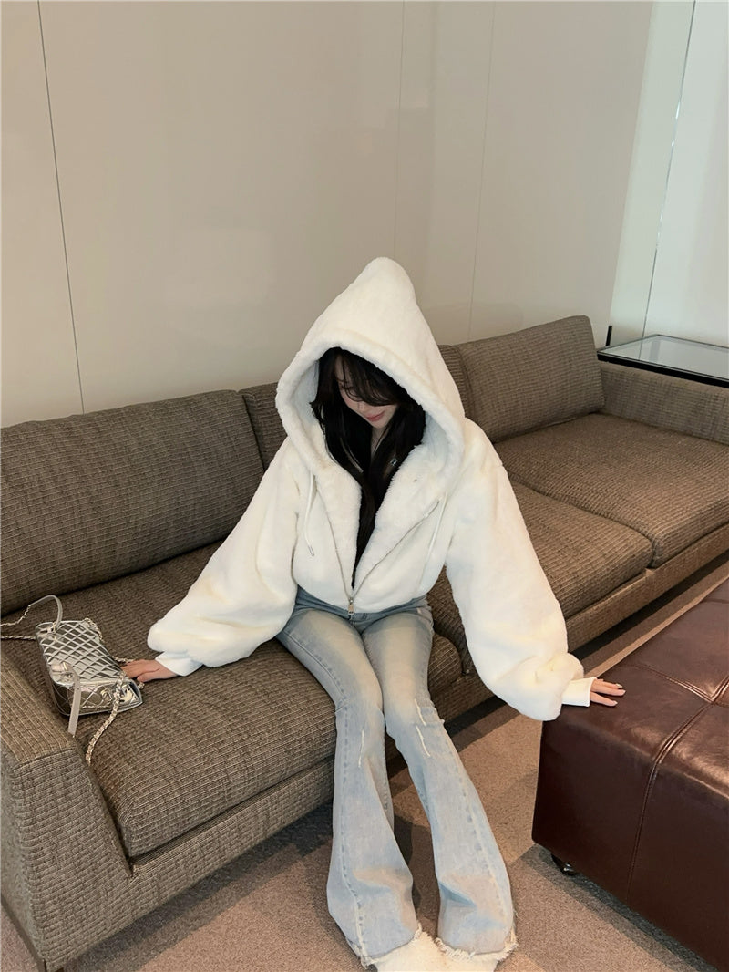 超好看慵懶系燈籠袖仿貂毛連帽加厚短款外套