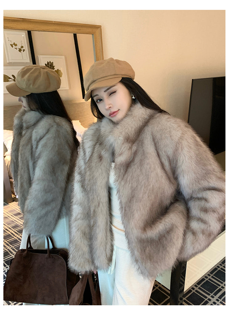 冬季小立領紡狐狸毛皮草毛毛外套
