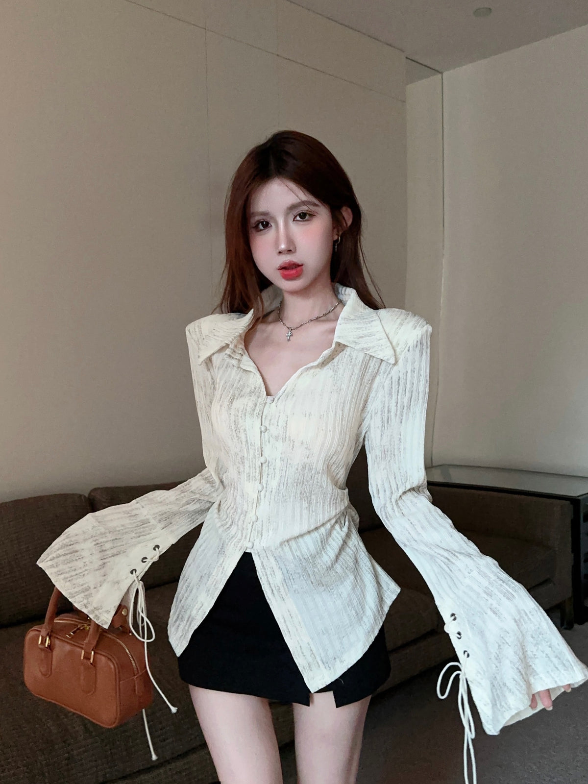 春夏法式氣質設計感掐腰長袖襯衫