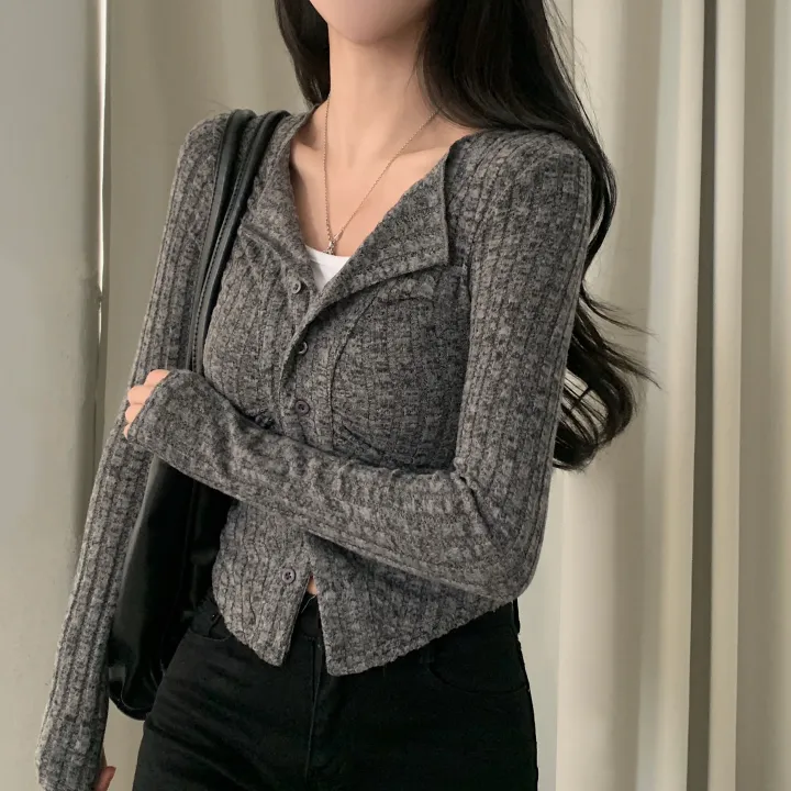 韓系chic修身顯瘦排扣長袖上衣