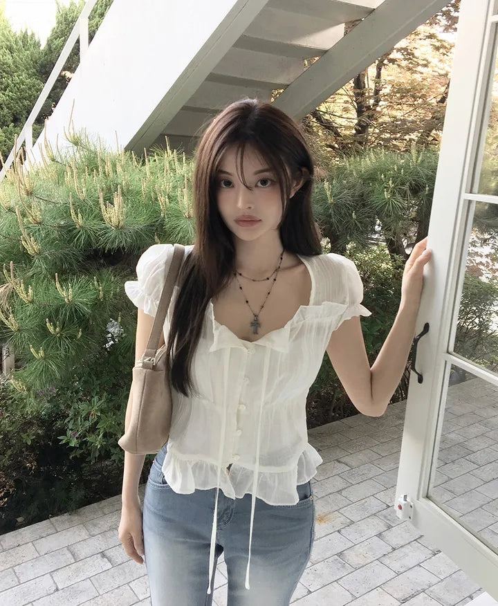 氣質法式質感甜美綁帶襯衫上衣