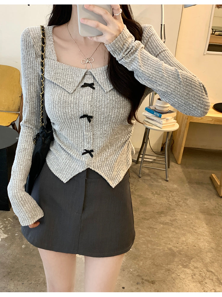 美式氣質蝴蝶結方領長袖上衣