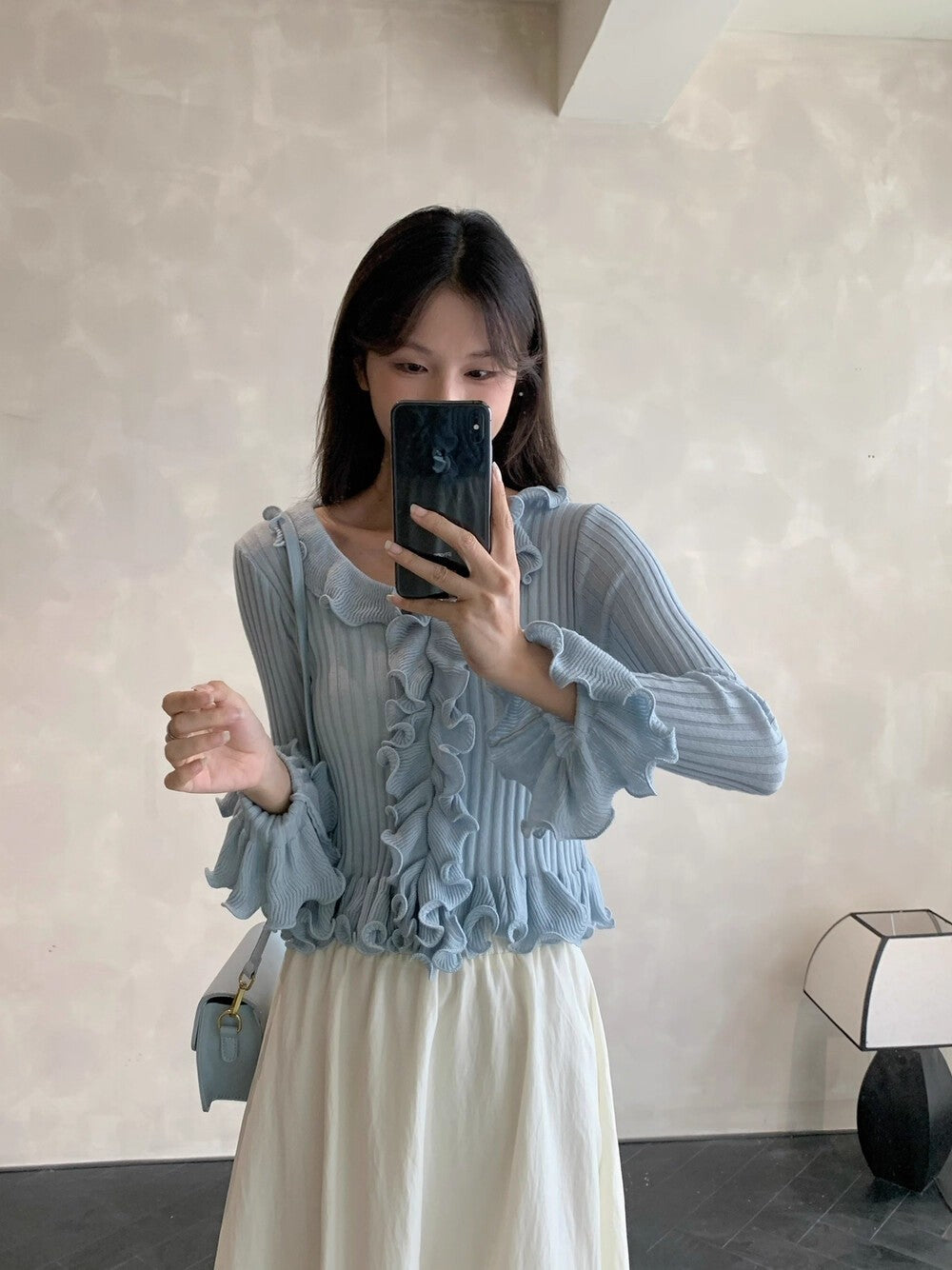 韓系甜美純欲木耳邊修身針織v領上衣