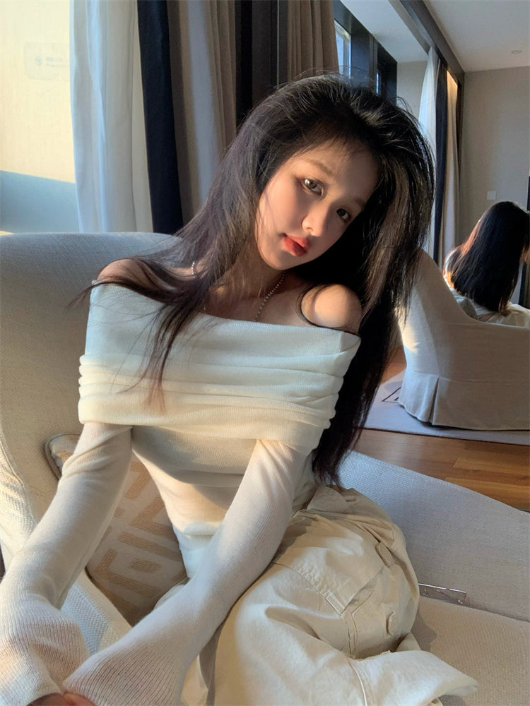 法式chic氣質溫柔褶皺露肩針織衫上衣