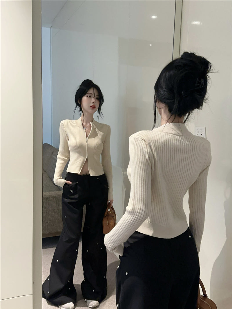 百搭短款修身雙拉鍊圓領外套