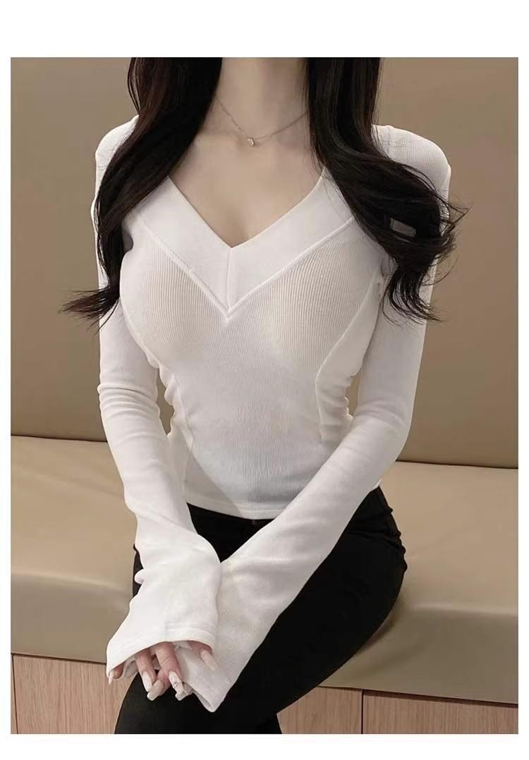 秋冬修身顯身材v領緊身磨毛打底上衣