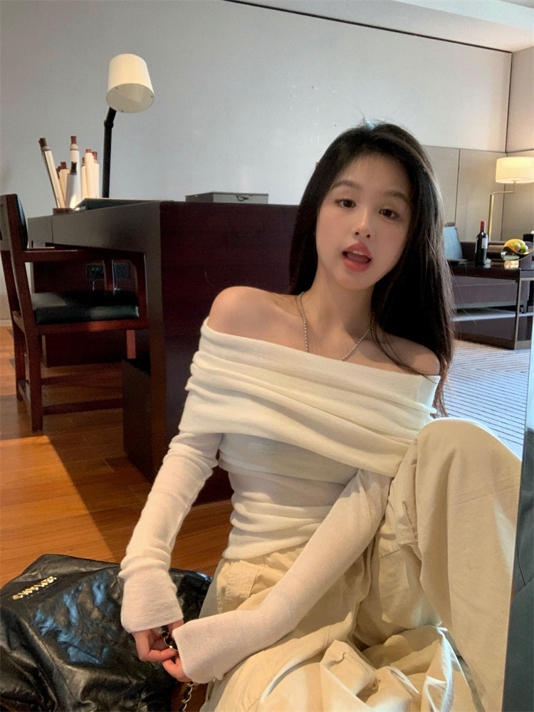 法式chic氣質溫柔褶皺露肩針織衫上衣
