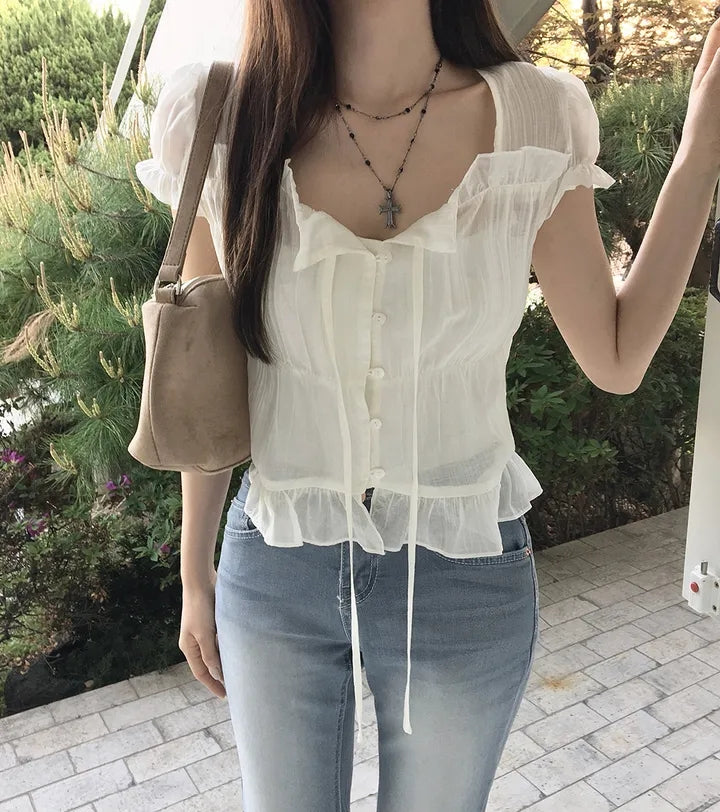 氣質法式質感甜美綁帶襯衫上衣