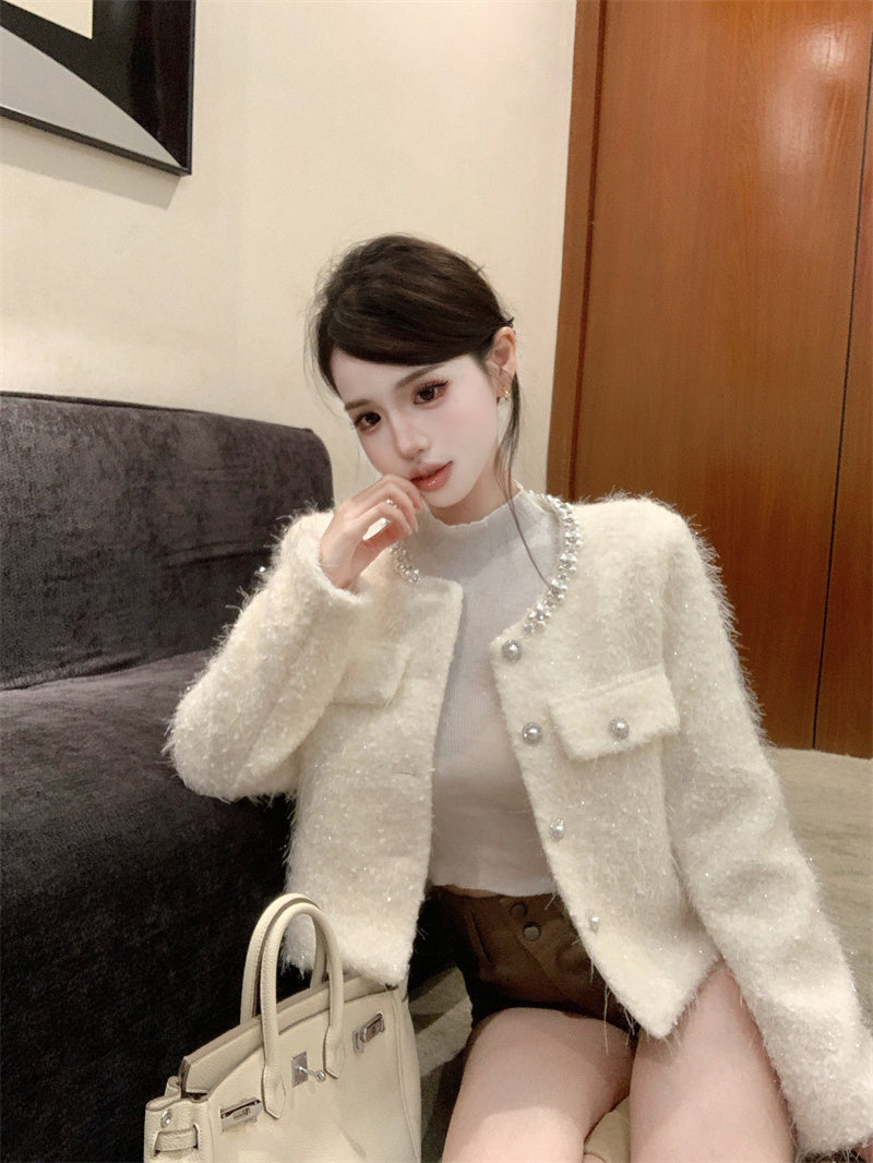 秋冬法式珍珠領毛呢小香風短款千金外套