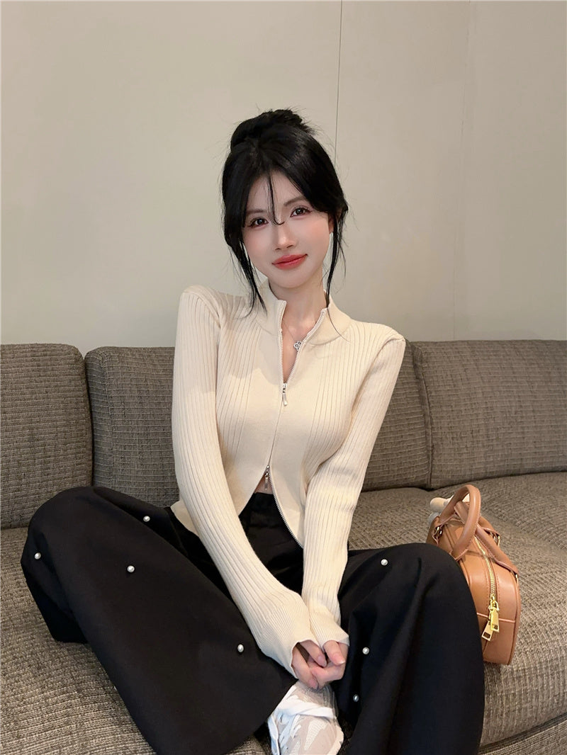 百搭短款修身雙拉鍊圓領外套