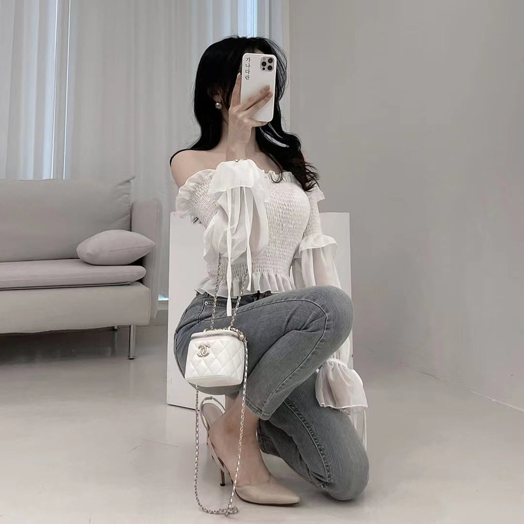 氣質約會一字領露肩顯瘦上衣