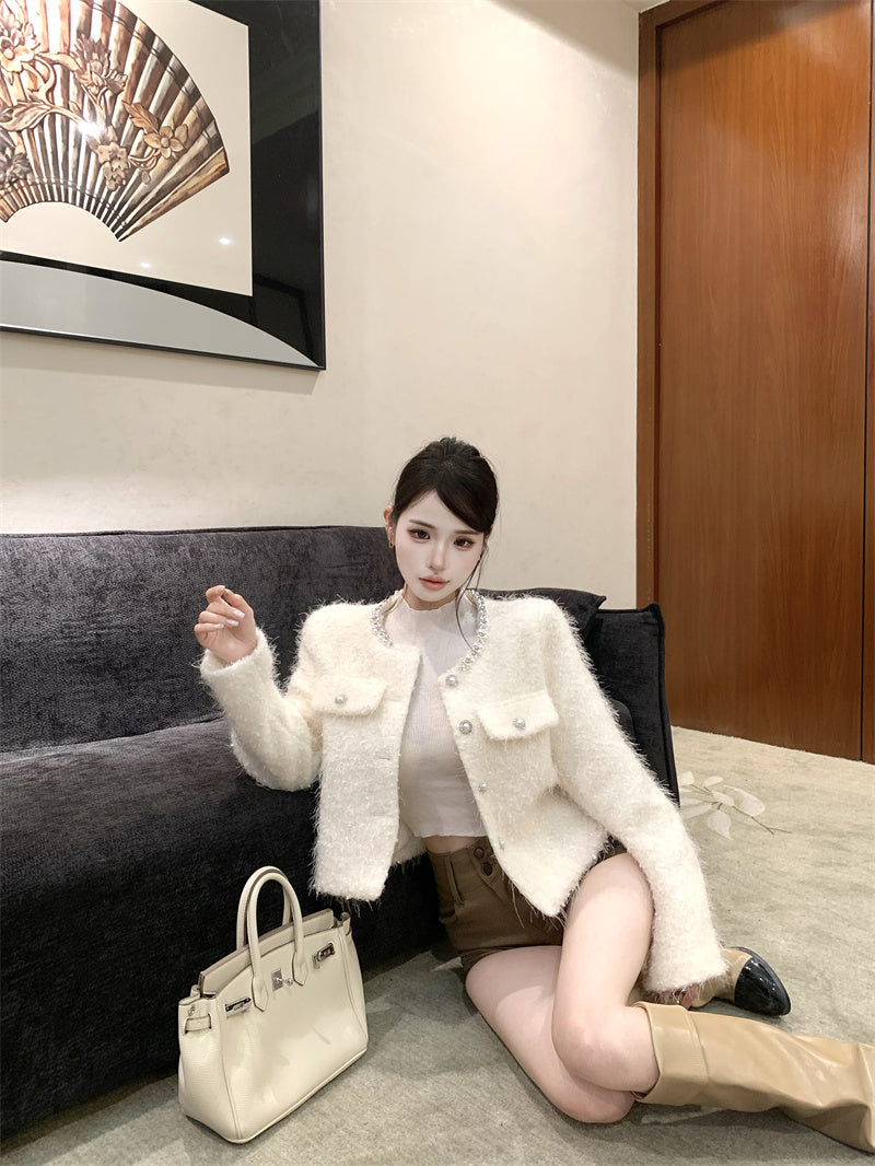 秋冬法式珍珠領毛呢小香風短款千金外套