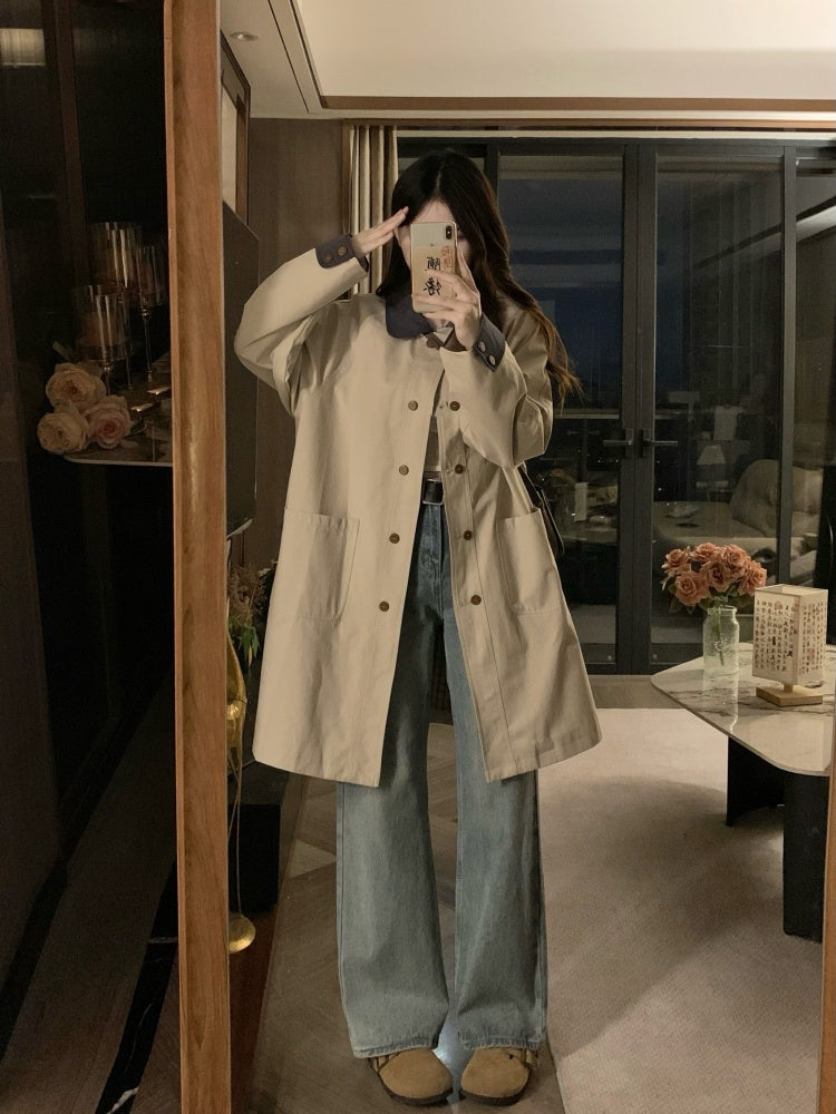 韓系撞色卡其風衣外套