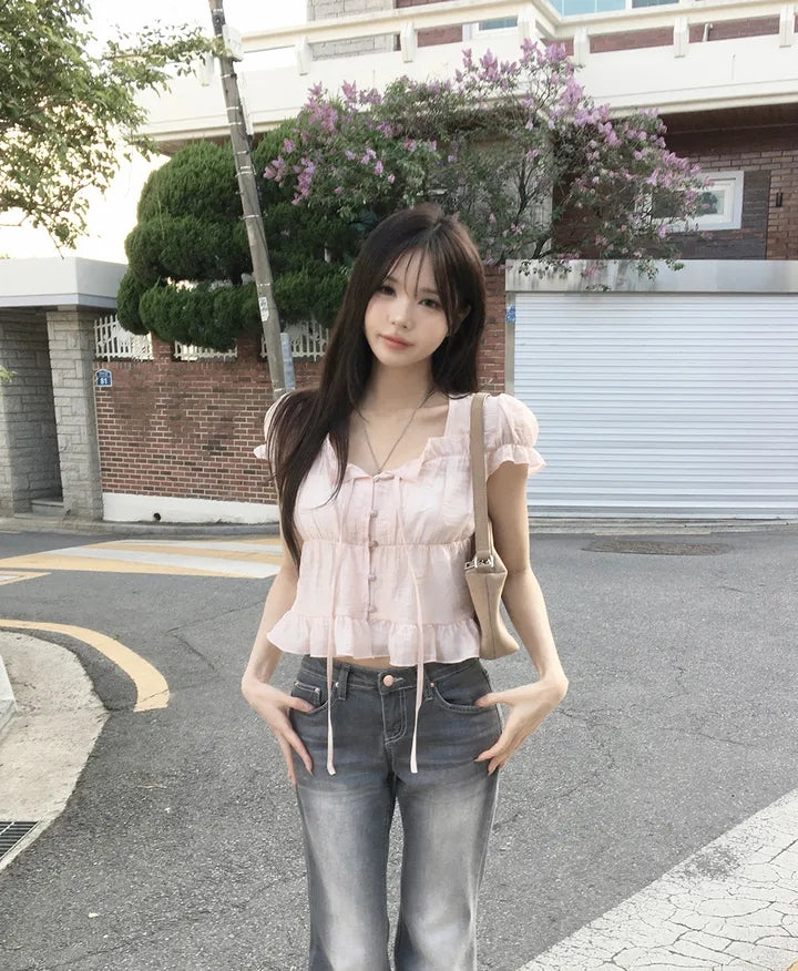 氣質法式質感甜美綁帶襯衫上衣