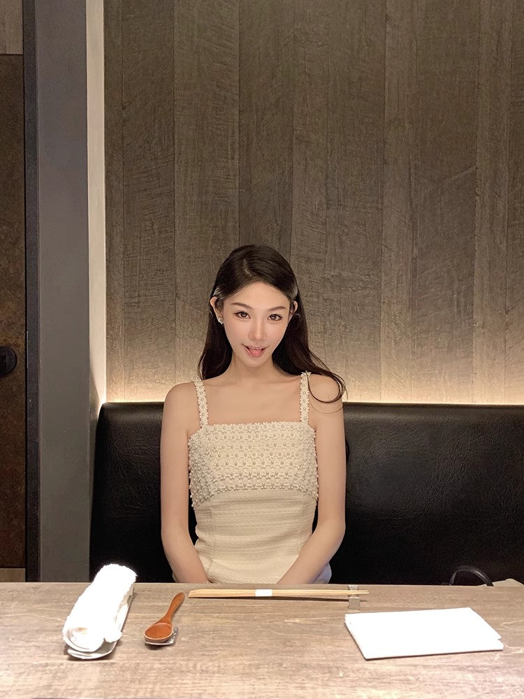 輕奢高級感針織小雛菊吊帶蕾絲連衣裙