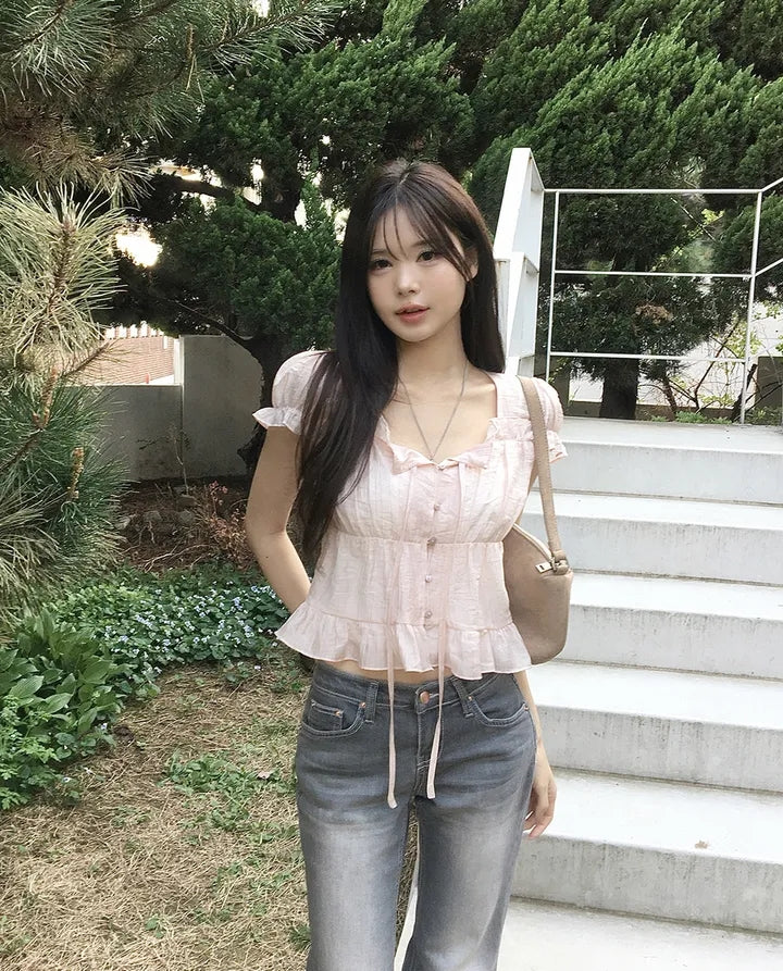 氣質法式質感甜美綁帶襯衫上衣