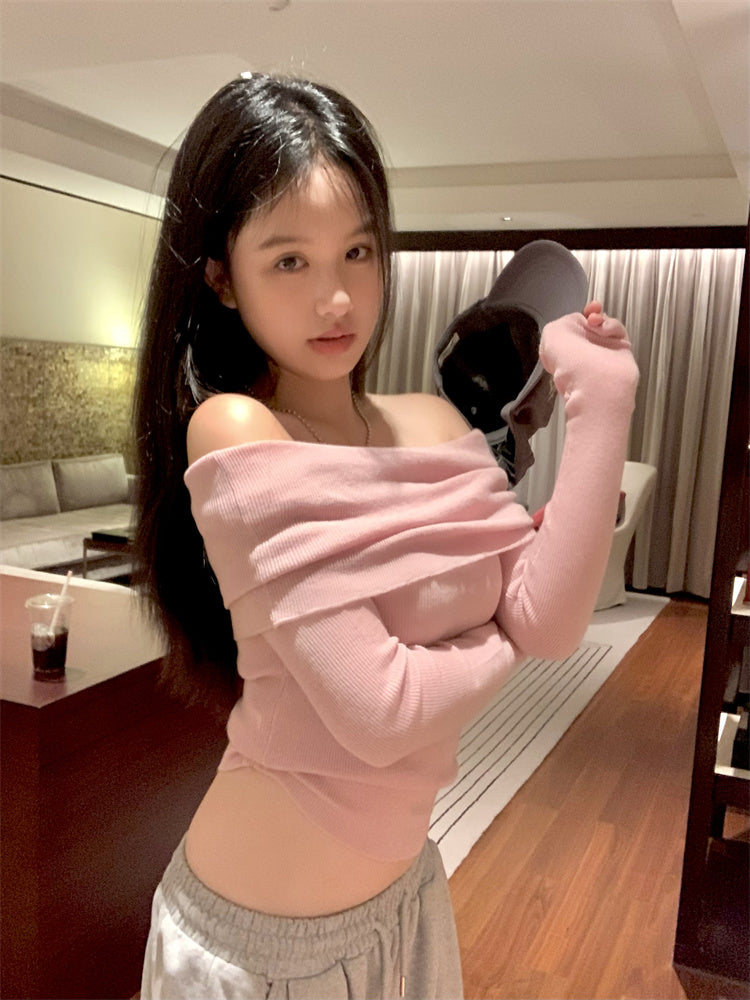 法式chic氣質溫柔褶皺露肩針織衫上衣