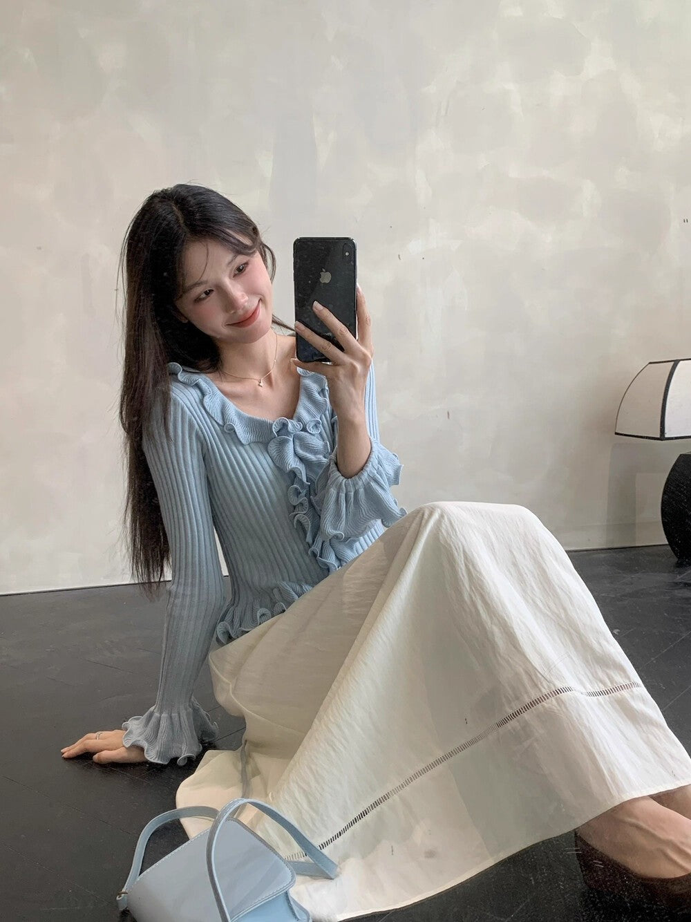 韓系甜美純欲木耳邊修身針織v領上衣