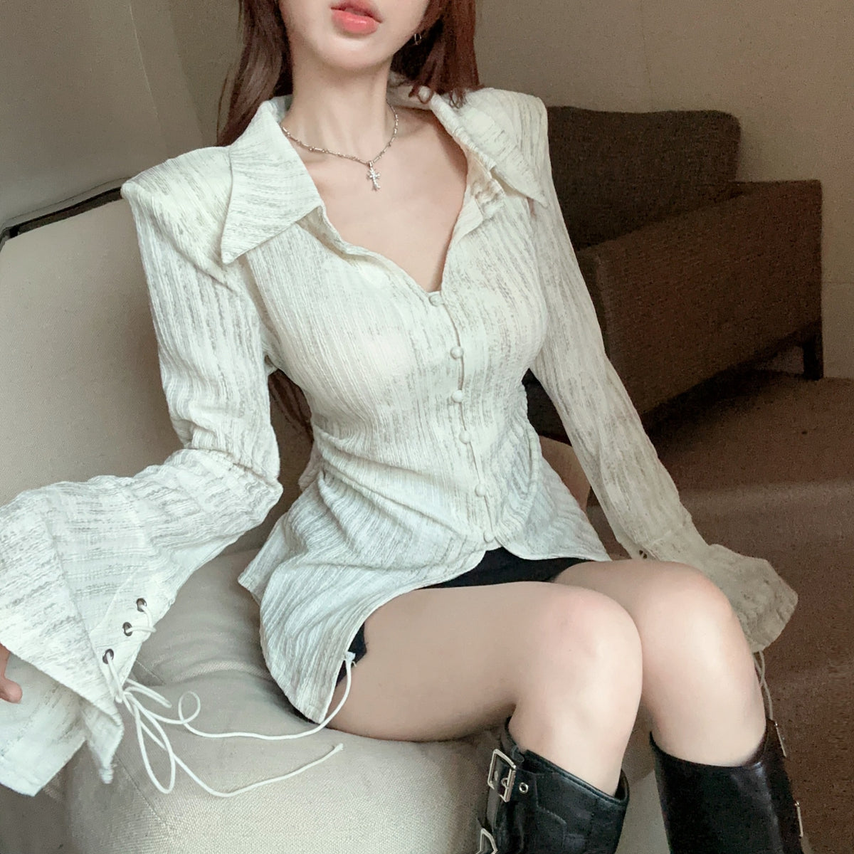 春夏法式氣質設計感掐腰長袖襯衫