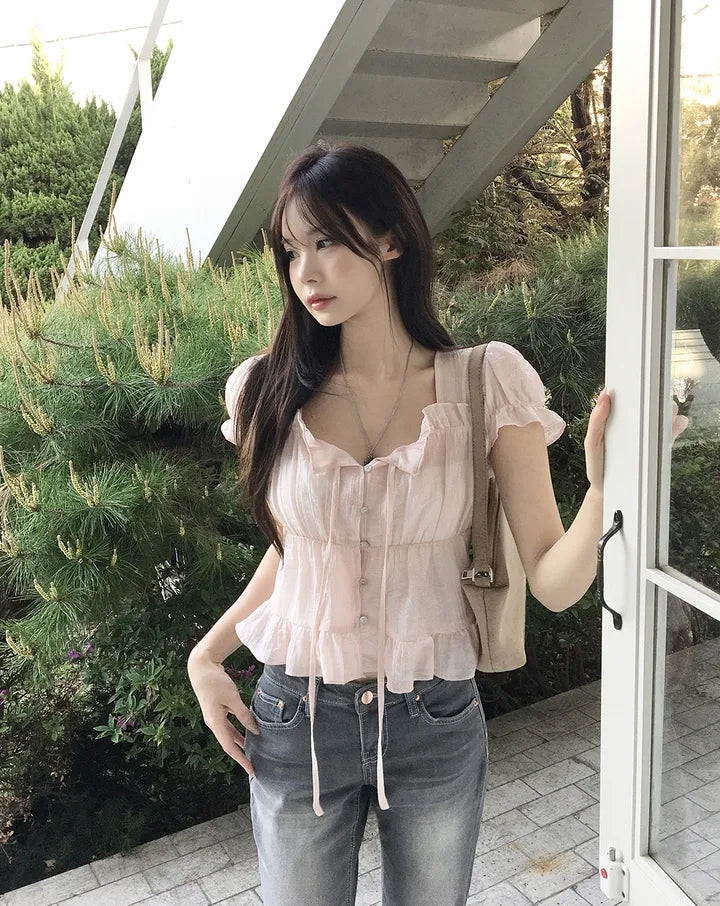 氣質法式質感甜美綁帶襯衫上衣