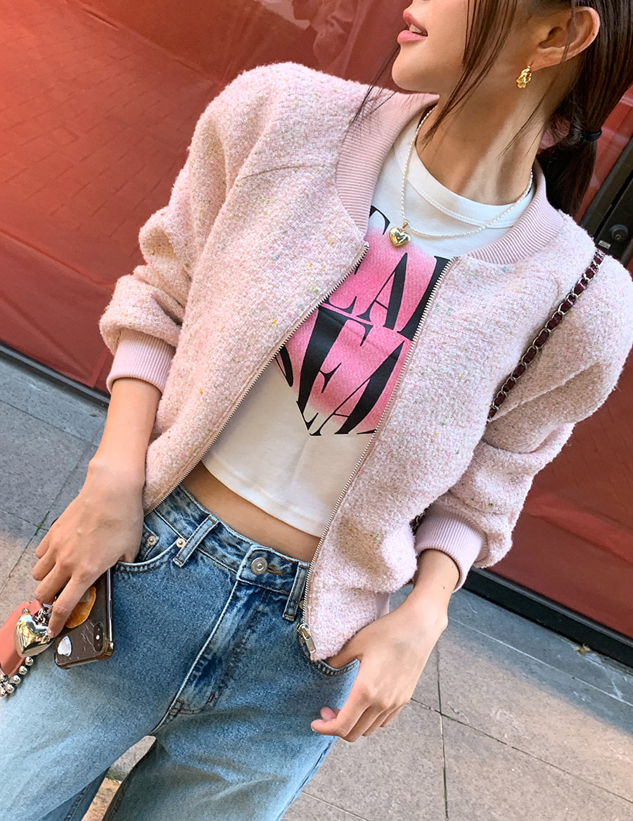 粗花毛呢小香風棒球拉鍊外套