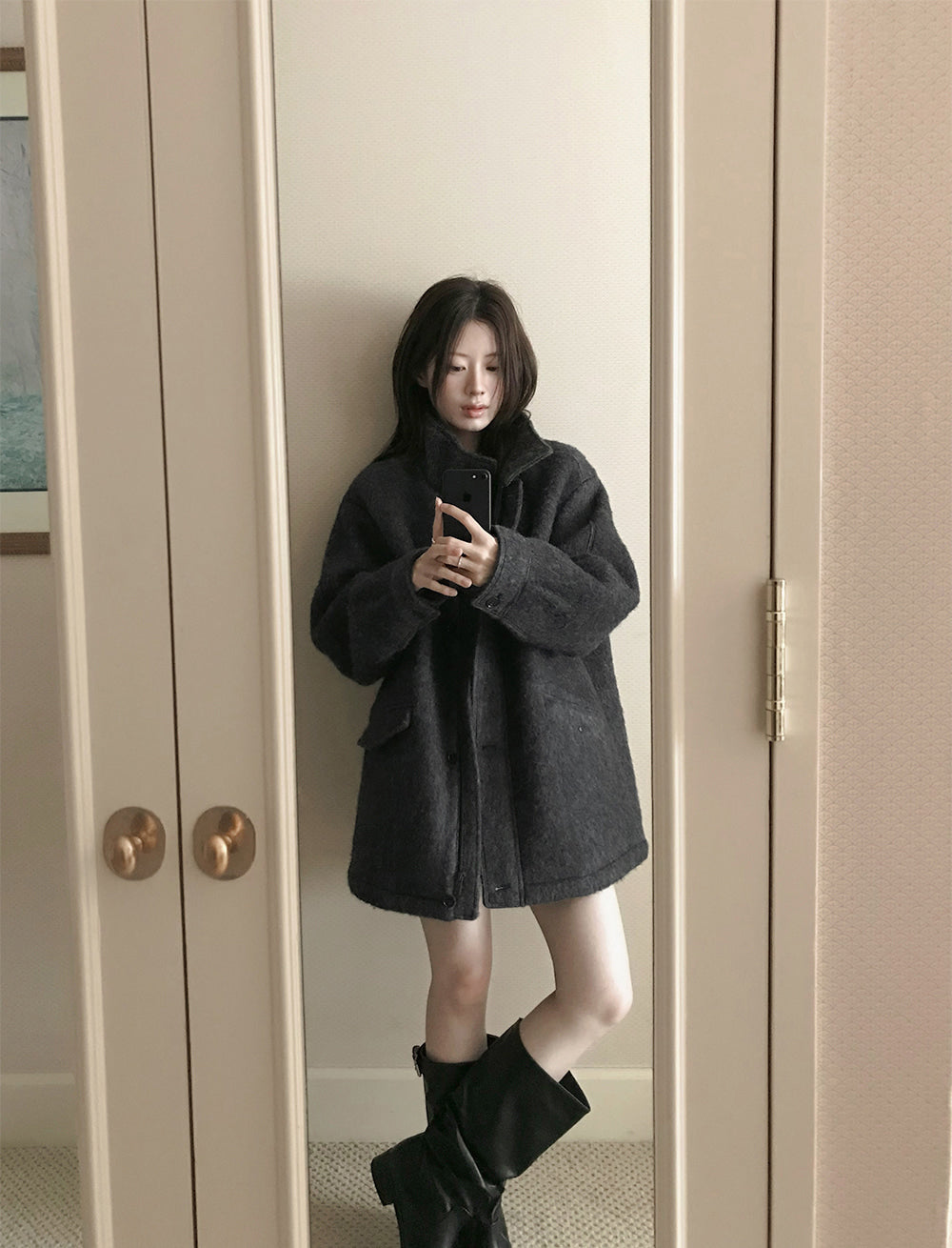日系慵懶通勤復古毛呢大衣外套