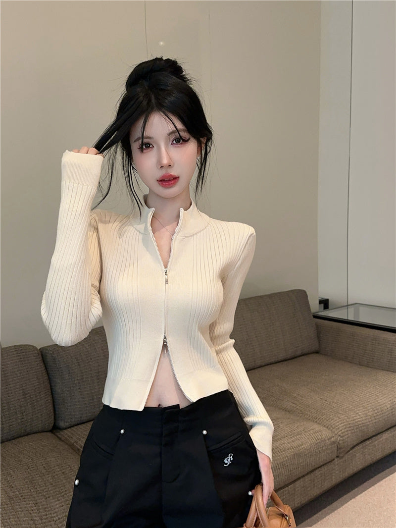 百搭短款修身雙拉鍊圓領外套
