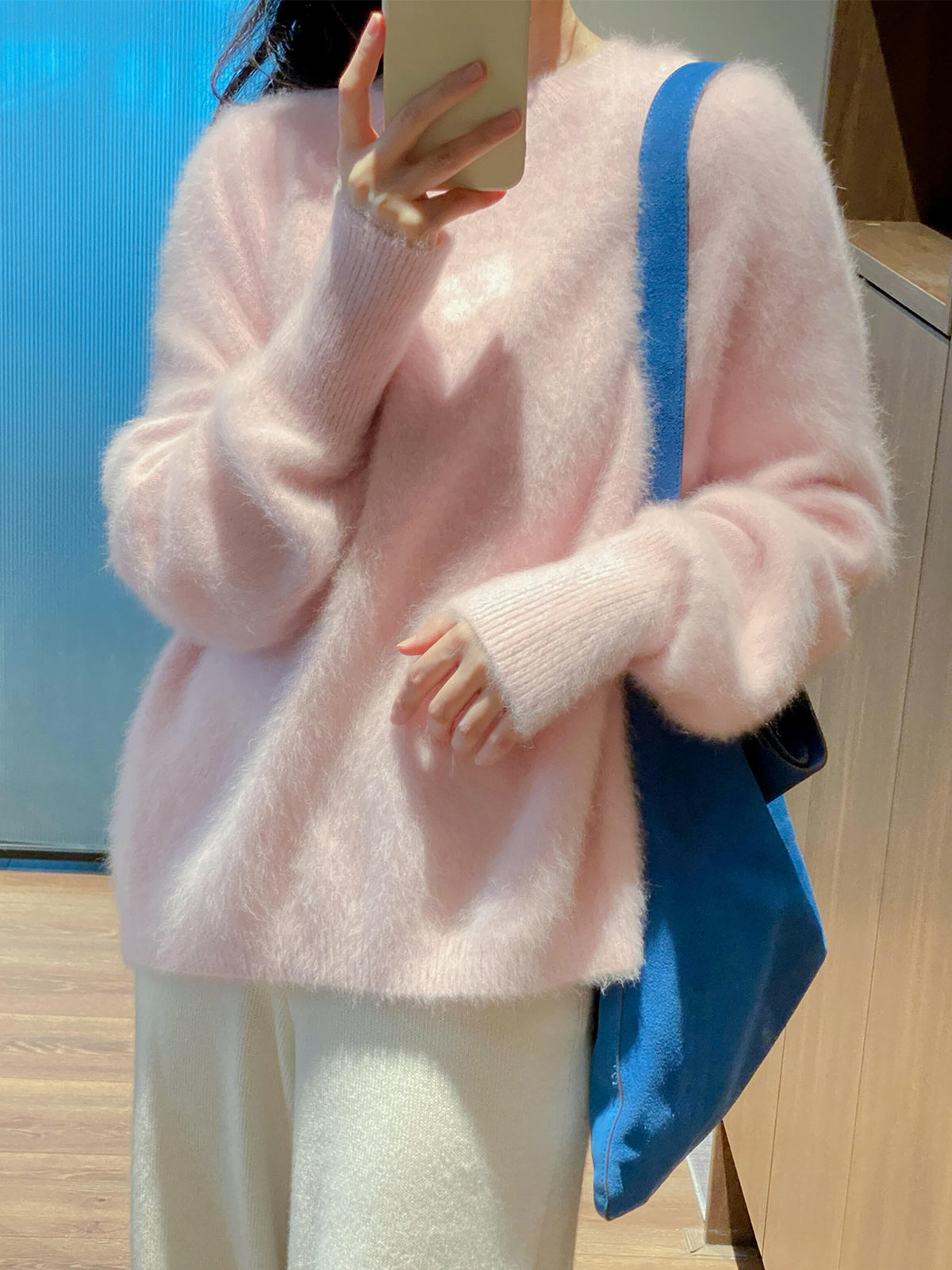 韓系甜美秋季高級感粉色毛絨圓領毛衣