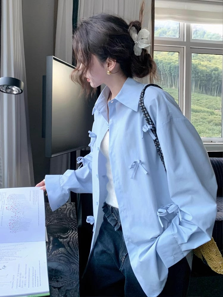 法式蝴蝶結設計感藍色襯衫外套