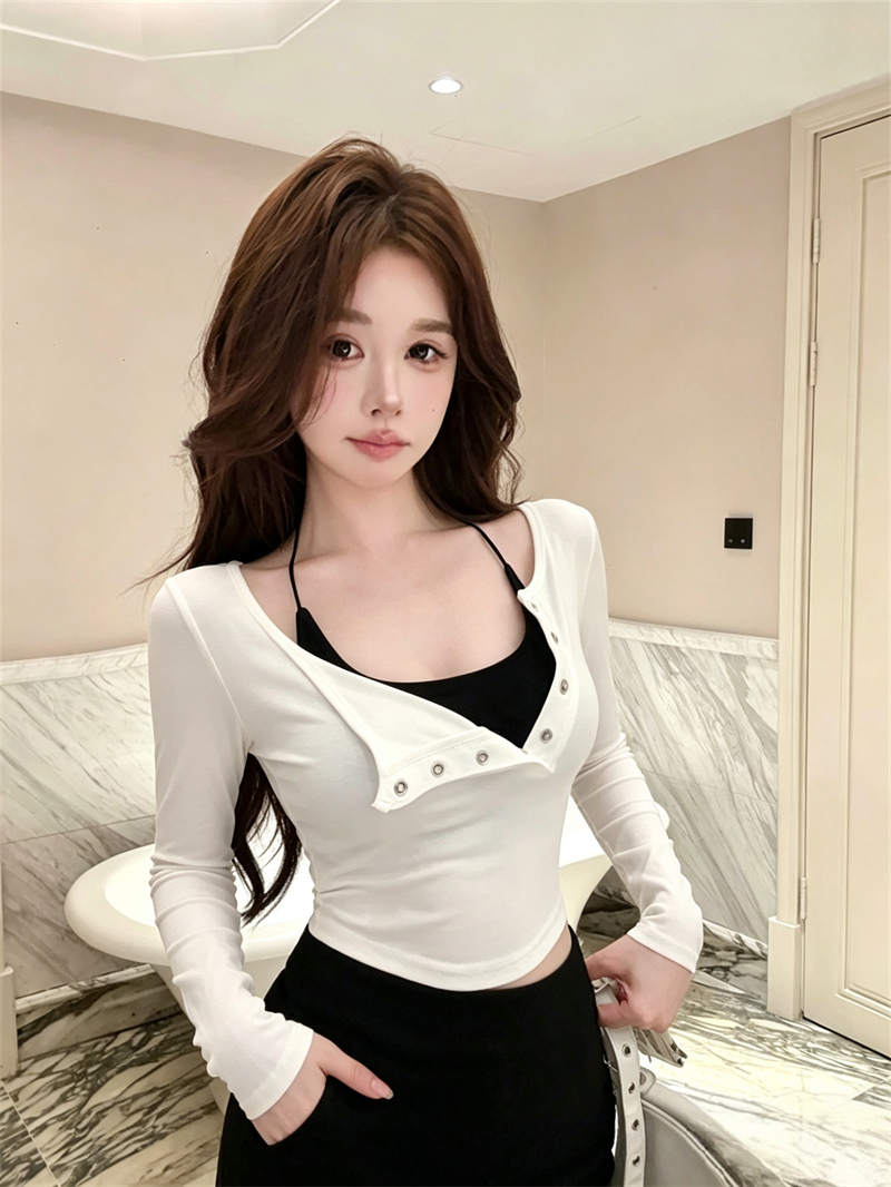 美式辣妹掛脖斜肩設計感修身長袖上衣
