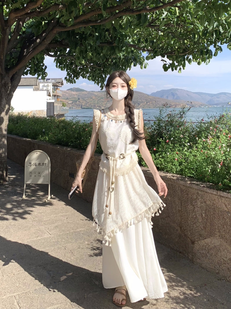 度假風不規則流蘇馬甲半身裙套裝