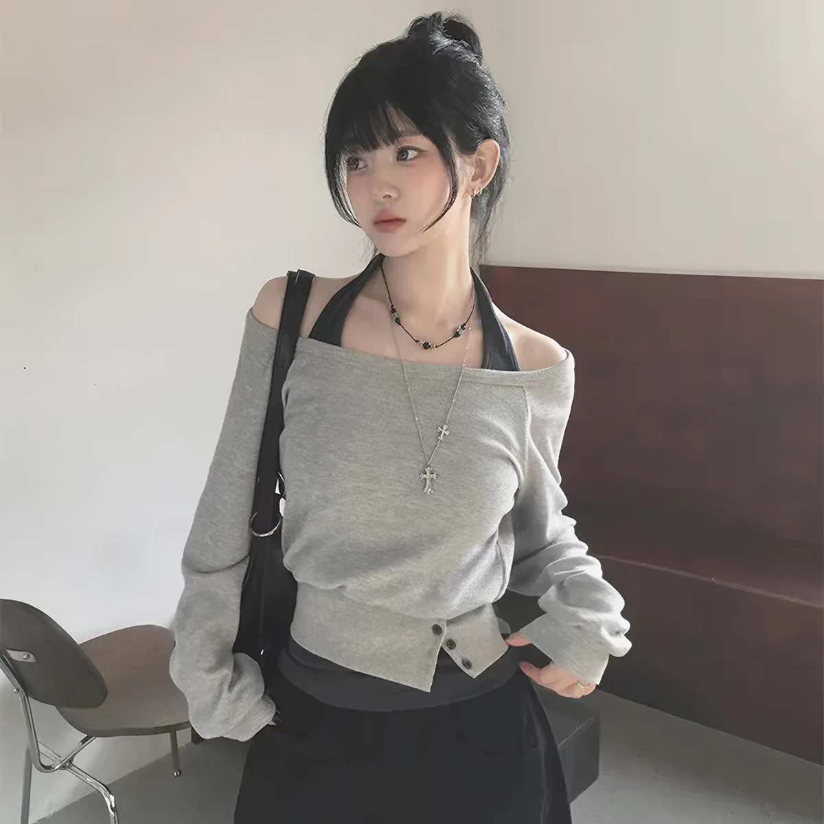 休閒掛脖紐扣T恤真兩件套裝