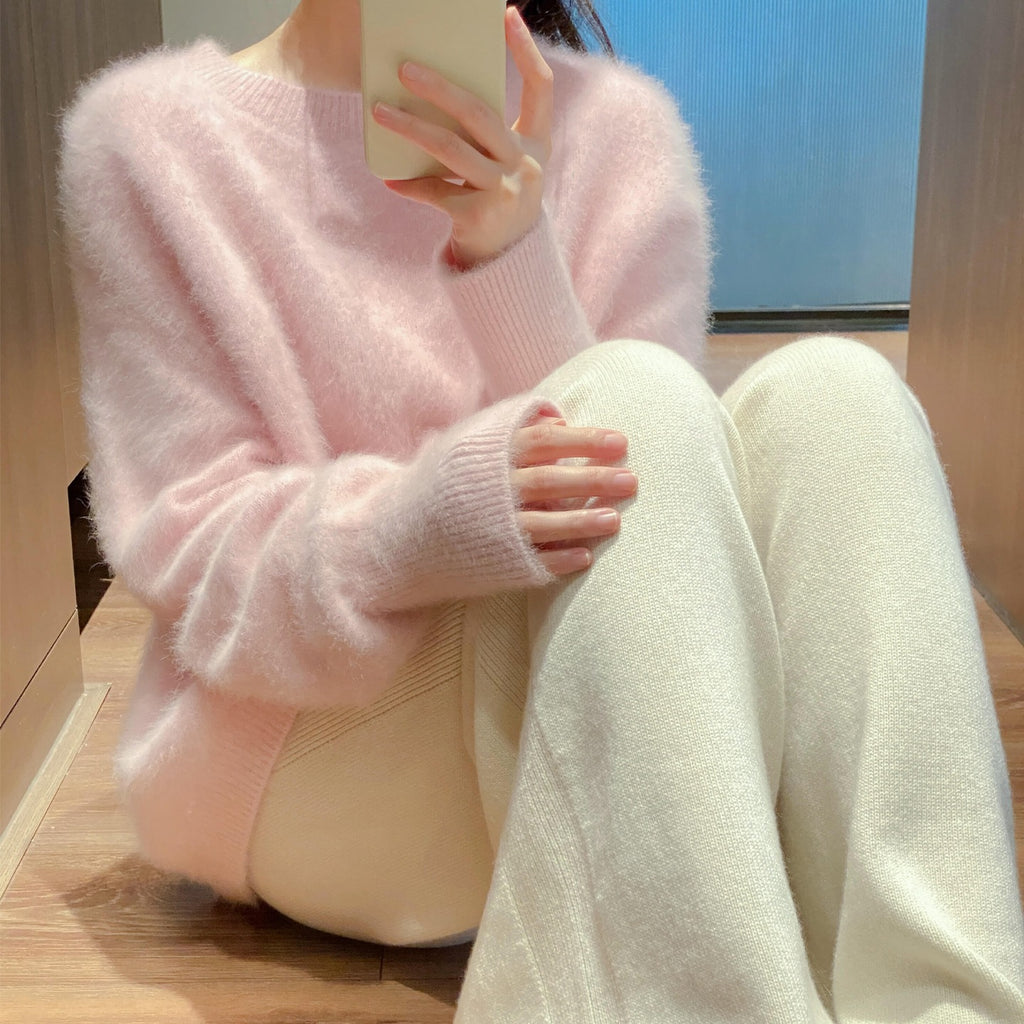 韓系甜美秋季高級感粉色毛絨圓領毛衣