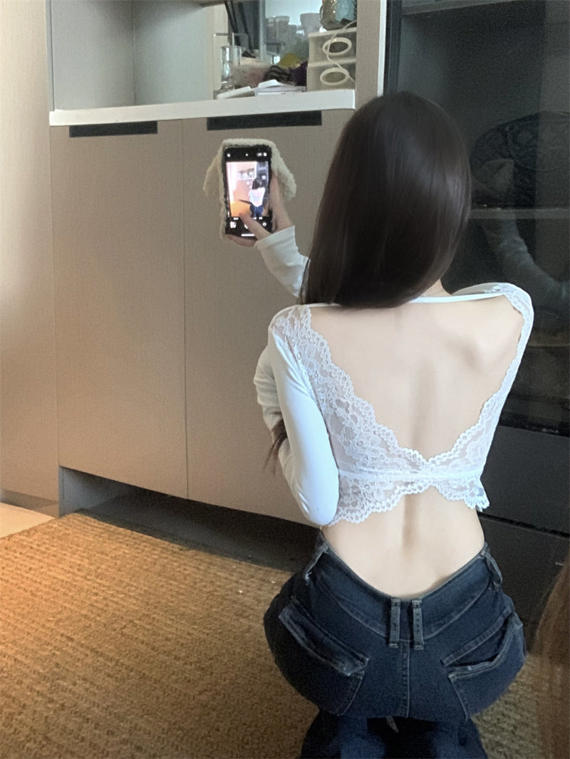性感純欲蕾絲拼接露背方領長袖帶胸墊上衣
