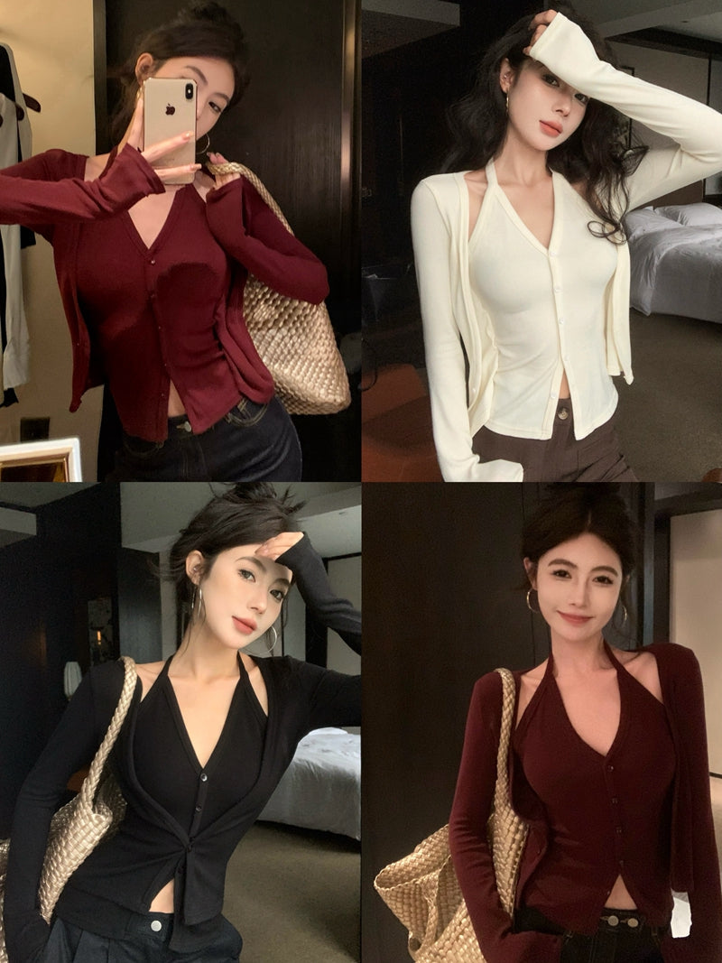 性感辣妹風吊帶掛脖假兩件內搭上衣