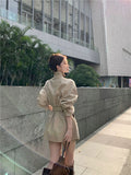 法式氣質撞色系帶中長款收腰風衣