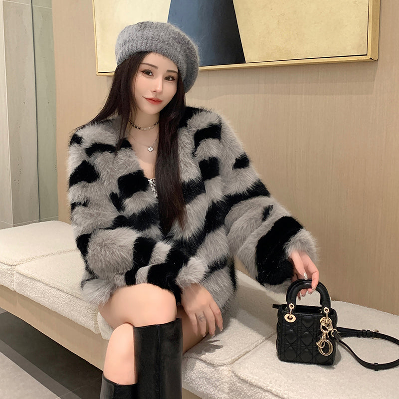 輕奢名媛條紋仿狐貍毛保暖外套