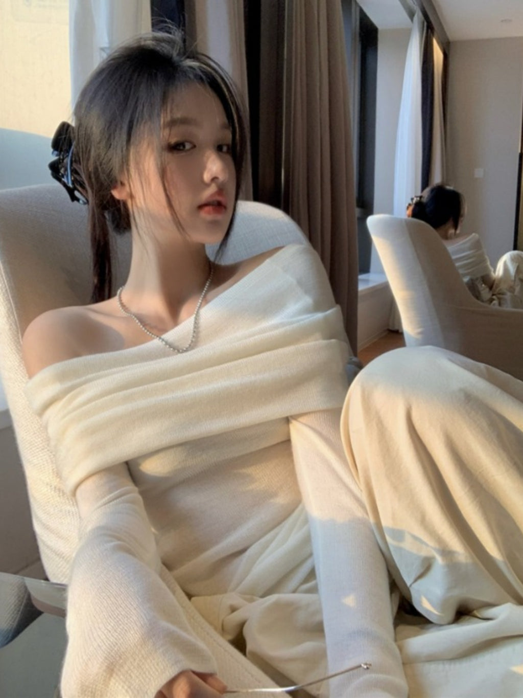 法式chic氣質溫柔褶皺露肩針織衫上衣